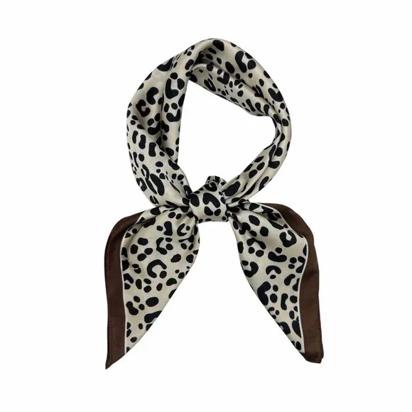 ✨Elegant Bandana Square Scarf Silky Satin Cheetah Print Leopard Head Neck Brown - Picture 2 of 5
